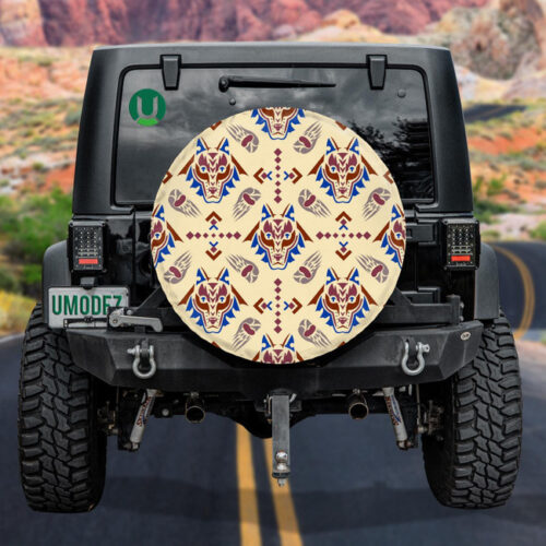 A Wolf Head In American Indian Folk Style Spare Tire Cover - Jeep Tire Covers - Lynsiley