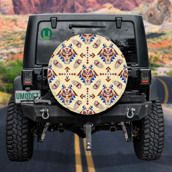 A Wolf Head In American Indian Folk Style Spare Tire Cover - Jeep Tire Covers - Lynsiley