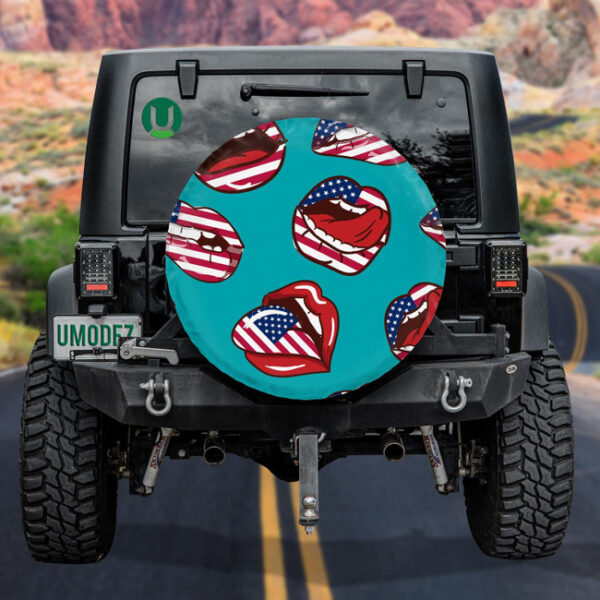 Creative Sexy Lips With US Flag Pattern Blue Background Spare Tire Cover - Jeep Tire Covers - Lynsiley