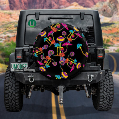 Abstract Psychedelic Magic Mushroom Black Theme Design Spare Tire Cover - Jeep Tire Covers - Lynsiley