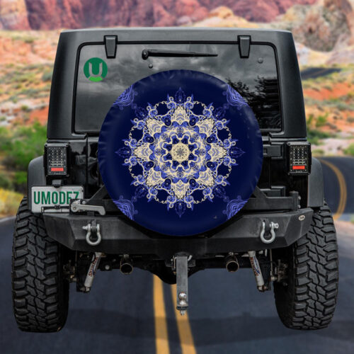 Golden And Blue Oramental Rosettes Mandala On Dark Blue Background Spare Tire Cover - Jeep Tire Covers - Lynsiley