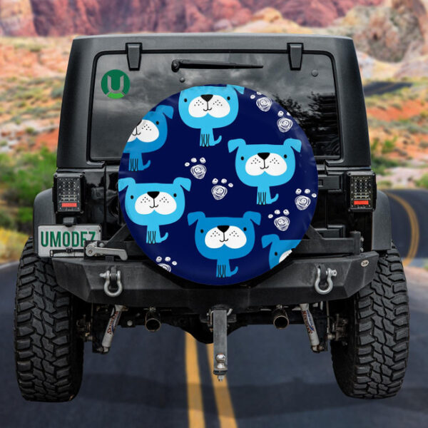 Cute Cartoon Blue Dog On Navy Background Spare Tire Cover - Jeep Tire Covers - Lynsiley