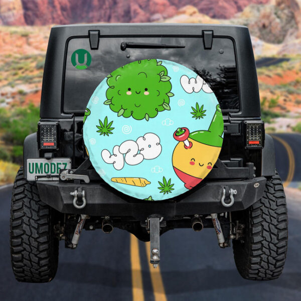 Cute Cartoon Weed Marijuana Green Leaves Trippy Pattern Light Blue Theme Spare Tire Cover - Jeep Tire Covers - Lynsiley