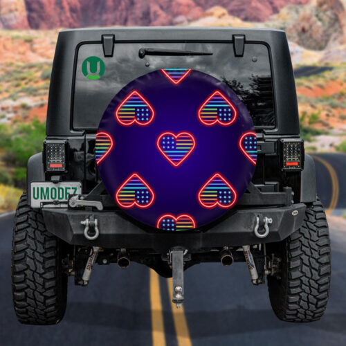 Ideal Neon Heart American Flag Monochrome Blue Background Spare Tire Cover - Jeep Tire Covers - Lynsiley