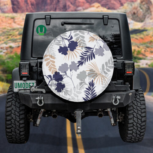 Monotone Blue Gray Silhouette Tropical Foliage Pattern Spare Tire Cover - Jeep Tire Covers - Lynsiley