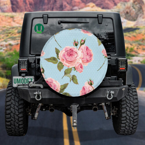 English Rose In Pale Pink Tiny Dots On Blue Background Design Spare Tire Cover - Jeep Tire Covers - Lynsiley