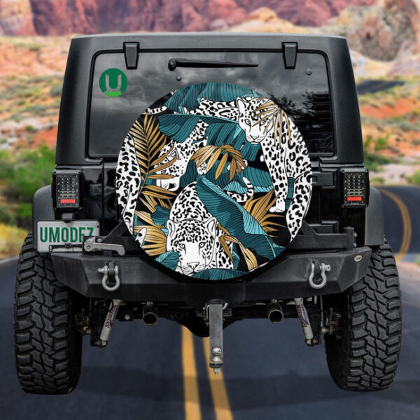 Amazing White Jaguars And Blue Green Tropical Banana Leaves Spare Tire Cover - Jeep Tire Covers - Lynsiley