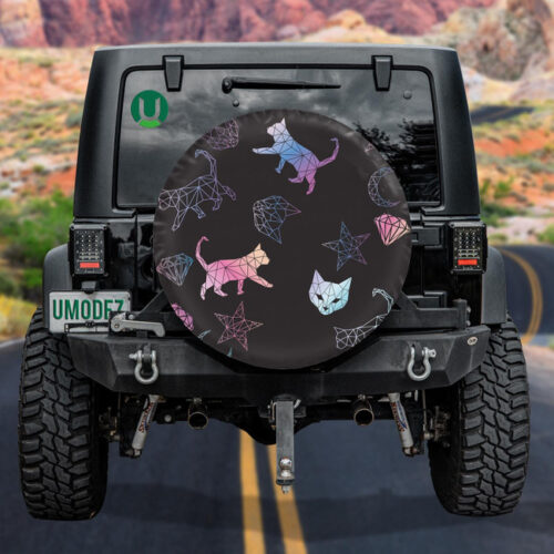 Abstract Polygonal Geometric Cat On Black Spare Tire Cover - Jeep Tire Covers - Lynsiley