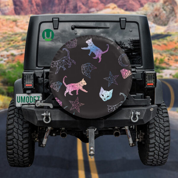 Abstract Polygonal Geometric Cat On Black Spare Tire Cover - Jeep Tire Covers - Lynsiley