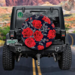 Pattern Of Red Rose Flowers Vintage Abstract Dark Blue Background Spare Tire Cover - Jeep Tire Covers - Lynsiley