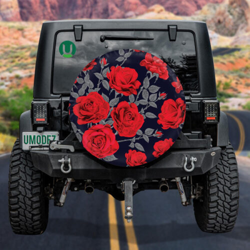 Pattern Of Red Rose Flowers Vintage Abstract Dark Blue Background Spare Tire Cover - Jeep Tire Covers - Lynsiley