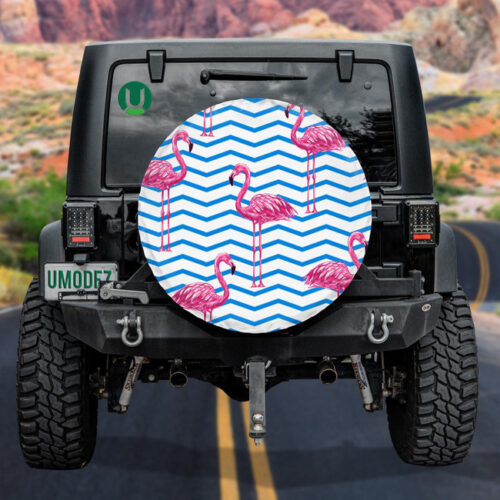 Beautifiul Flamingo Tropical On Blue Zigzag Background Spare Tire Cover - Jeep Tire Covers - Lynsiley