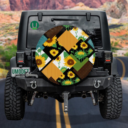 Abstract Patchwork Geometric Theme Design With Sunflowers Spare Tire Cover - Jeep Tire Covers - Lynsiley