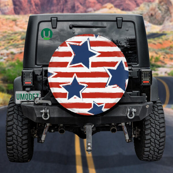 Happy 4th Of July USA Independence Day With Blue Star On Red Striped Spare Tire Cover - Jeep Tire Covers - Lynsiley