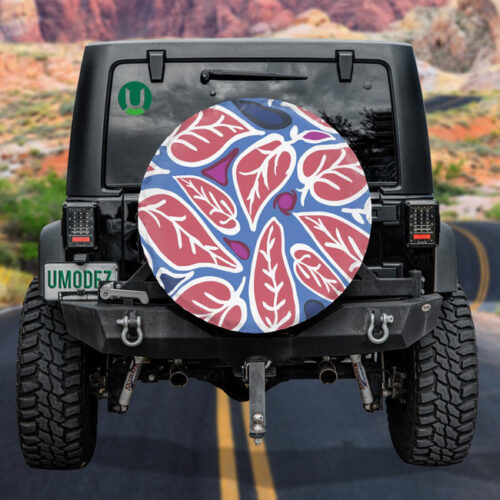 Repeating Pattern Colored Leaf Drawing On Blue Background Spare Tire Cover - Jeep Tire Covers - Lynsiley