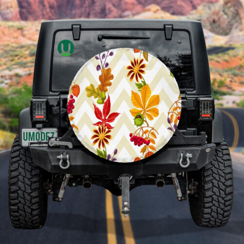 A Striped Of Autumn Plants On Chevron Zigzag Background Spare Tire Cover - Jeep Tire Covers - Lynsiley