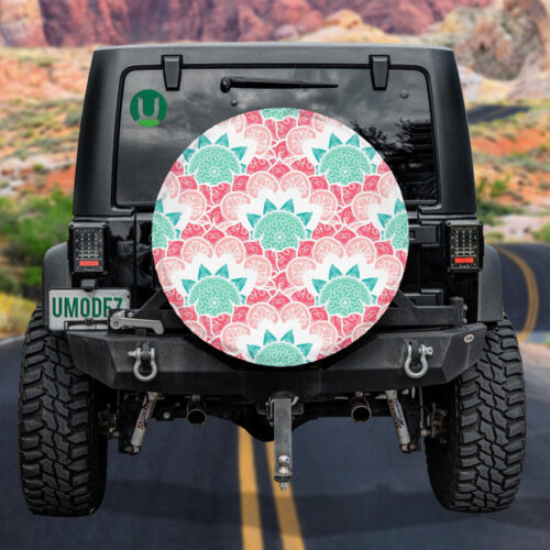 Ethnic Ornamental Mandala With Blue Round And Pink Floral Spare Tire Cover - Jeep Tire Covers - Lynsiley