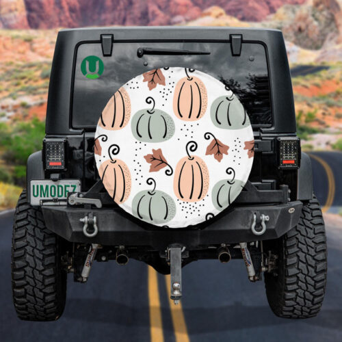 Modern Abstract Pink And Blue Pastel Pumpkin With Maple Leaves Spare Tire Cover - Jeep Tire Covers - Lynsiley