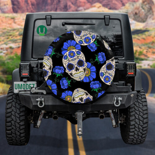 Human Skull With Blue Flowers Spare Tire Cover - Jeep Tire Covers - Lynsiley