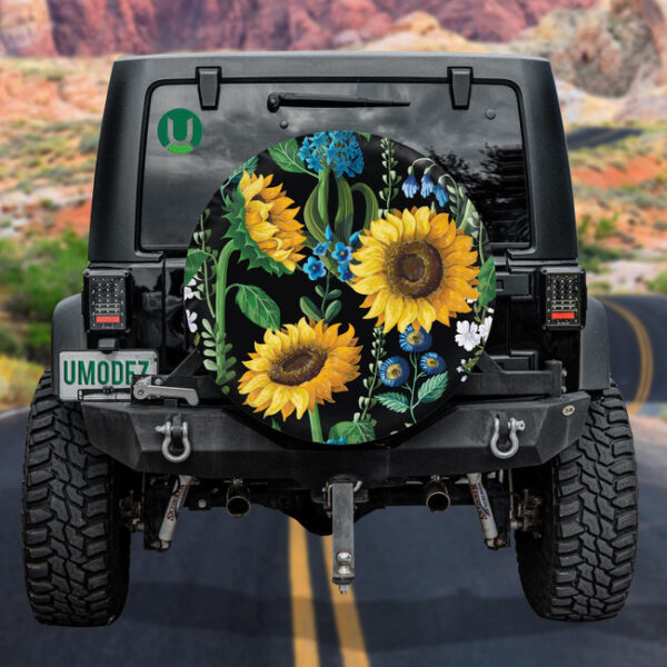 Blue Floral And Sunflowers Hippie Pattern On Black Background Spare Tire Cover - Jeep Tire Covers - Lynsiley