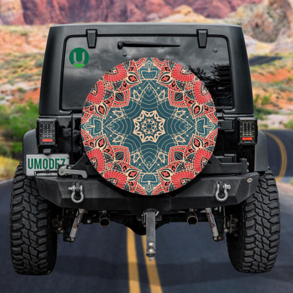 Red Mandala Ornament On Blue Background Spare Tire Cover - Jeep Tire Covers - Lynsiley