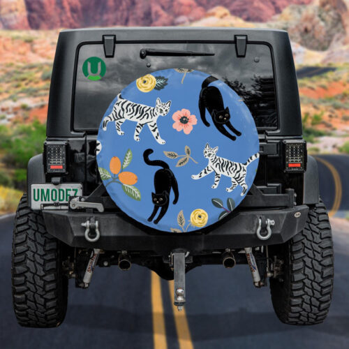 Cute Cats Ad Floral On Blue Background Spare Tire Cover - Jeep Tire Covers - Lynsiley