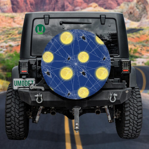 Moon With Spiders On White Web Against Dark Blue Sky Spare Tire Cover - Jeep Tire Covers - Lynsiley