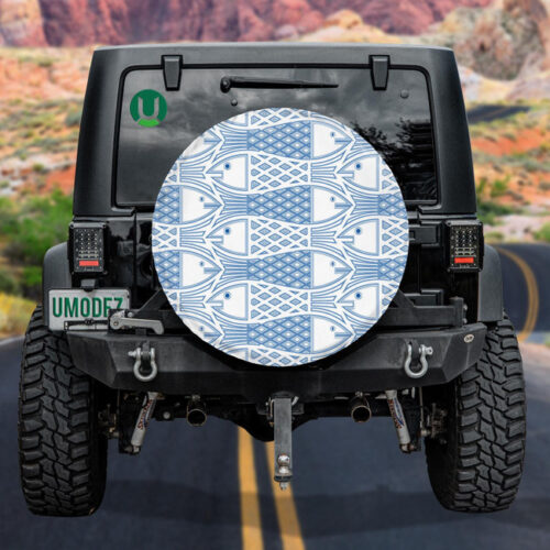 Blue And White Fishes Texture With Little Rhombuses Pattern Spare Tire Cover - Jeep Tire Covers - Lynsiley