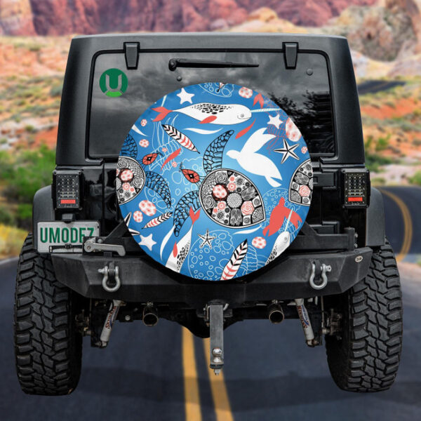 Sea Turtles And Whales On A Blue Background Spare Tire Cover - Jeep Tire Covers - Lynsiley