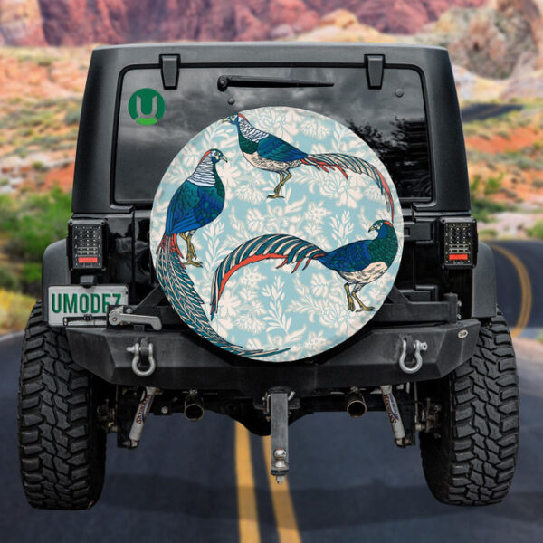 Beautiful Birds And Pheasants On Blue Background Spare Tire Cover - Jeep Tire Covers - Lynsiley