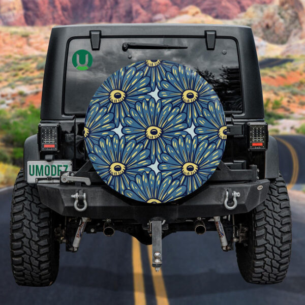 Navy Blue Big Sunflowers Silhouettes On Light Blue Background Spare Tire Cover - Jeep Tire Covers - Lynsiley