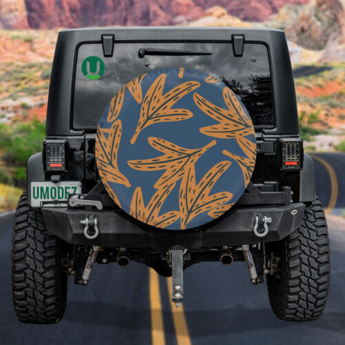 Orange Leaves In Doodle Style On Blue Background Spare Tire Cover - Jeep Tire Covers - Lynsiley