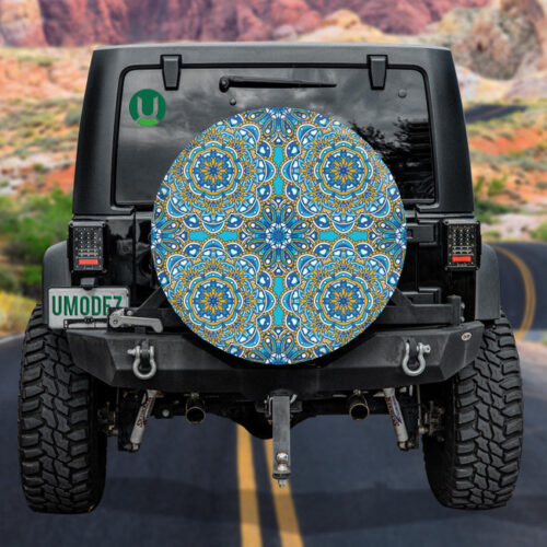 Laced Mandala Motif With Blue And Yellow Floral Spare Tire Cover - Jeep Tire Covers - Lynsiley