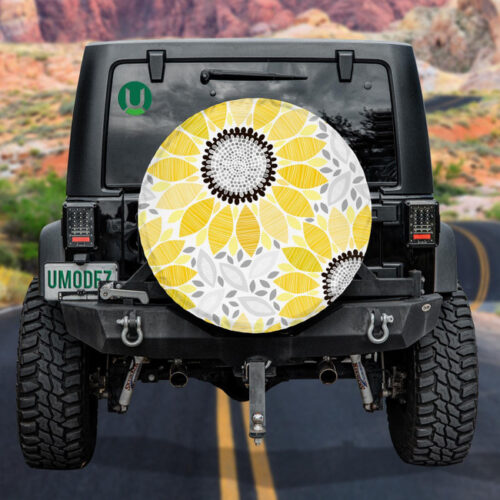 Abstract Sunflowers And Floral Illustration On White Background Spare Tire Cover - Jeep Tire Covers - Lynsiley