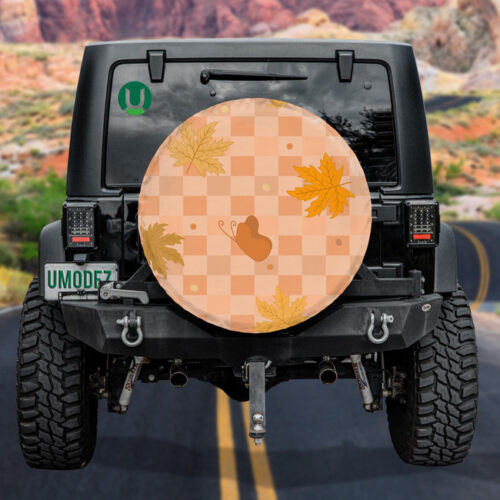 Abstract Pattern Of Checkered With Maple Leaves And Butterfly Spare Tire Cover - Jeep Tire Covers - Lynsiley