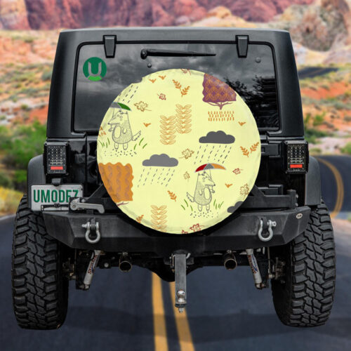 A Wolf In Autumn With An Umbrella In The Rain Spare Tire Cover - Jeep Tire Covers - Lynsiley