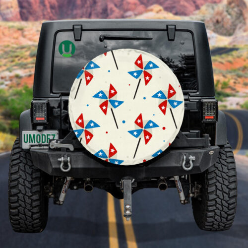 Fourth July Retro Star In Blue And Red Stripes Monochrome Spare Tire Cover - Jeep Tire Covers - Lynsiley