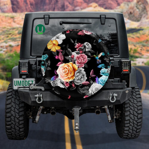 Blue Humming Bird On Rose Peony Branch Flower Garden Design Spare Tire Cover - Jeep Tire Covers - Lynsiley