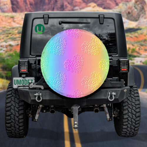 Abstract Romantic Rainbow Iridescent Hearts With Leopard Spare Tire Cover - Jeep Tire Covers - Lynsiley