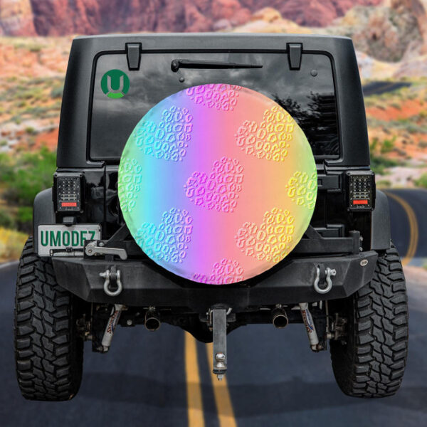 Abstract Romantic Rainbow Iridescent Hearts With Leopard Spare Tire Cover - Jeep Tire Covers - Lynsiley