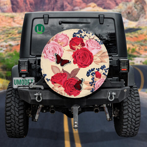 Beautiful Pink Red Roses Blueberry Branch And Butterfly Pattern Spare Tire Cover - Jeep Tire Covers - Lynsiley