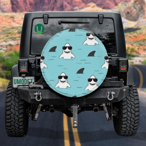 Cool Shark With Black Glasses In Blue Ocean Background Design Spare Tire Cover - Jeep Tire Covers - Lynsiley