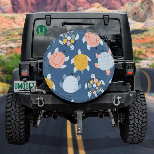 Cute Turtles On Blue Navy Background Spare Tire Cover - Jeep Tire Covers - Lynsiley