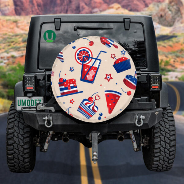 4th Of July Blue Red White Pattern With Food Drink Sweets Cupcakes Spare Tire Cover - Jeep Tire Covers - Lynsiley