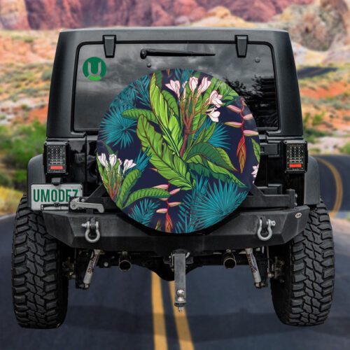 Enticing Tropical Jungle Leaves And Flowers On Dark Blue Background Spare Tire Cover - Jeep Tire Covers - Lynsiley