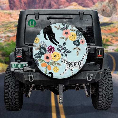 Cute Cats And Floral Bouquets On The Light Blue Spare Tire Cover - Jeep Tire Covers - Lynsiley