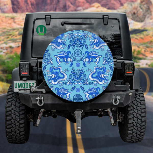 Blue Chinese Dragons And Floral Ornaments Spare Tire Cover - Jeep Tire Covers - Lynsiley