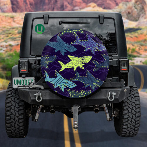 Abstract Design With Green And Navy Shark On Dark Background Design Spare Tire Cover - Jeep Tire Covers - Lynsiley