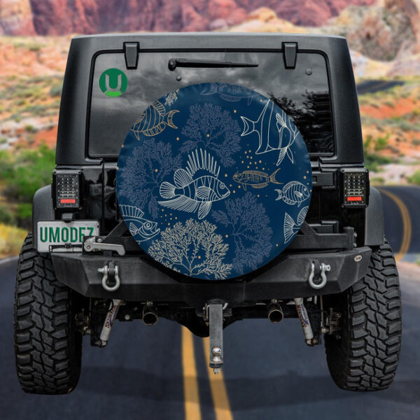 Hand Drawn Funny Fishes And Coral Reef On Dark Blue Design Spare Tire Cover - Jeep Tire Covers - Lynsiley