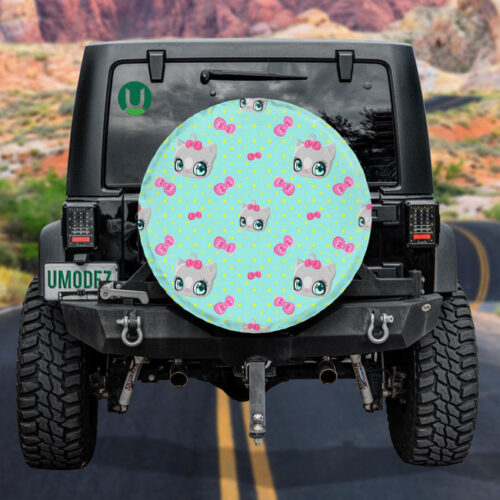 Cats Pink Bows And Stars On A Blue Background Spare Tire Cover - Jeep Tire Covers - Lynsiley